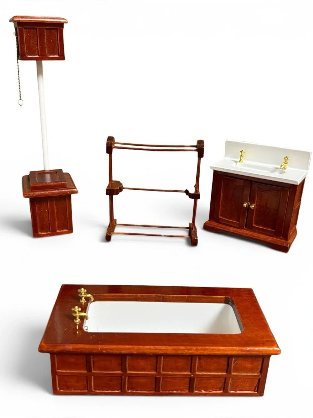 NIB Dollhouse Miniature Wood Victorian Top Flush Bathroom Set Mahogany